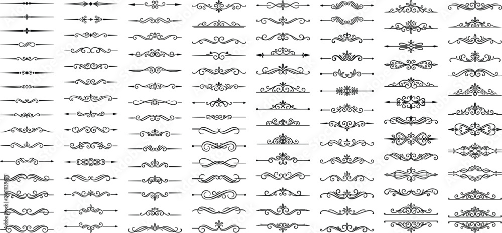Fototapeta premium Vintage calligraphic dividers vector elements set with ornate text borders, flourish lines and scroll ornaments