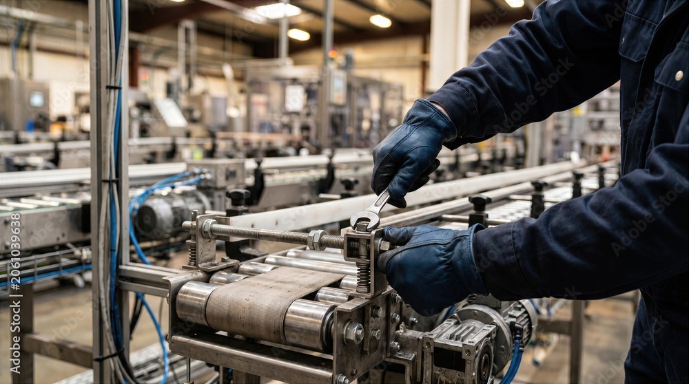 Fototapeta premium Worker adjusting factory conveyor machine