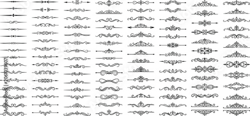 Vintage calligraphic dividers vector elements set with ornate text borders, flourish lines and scroll ornaments