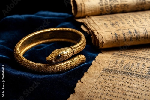 Golden serpent armlet on blue velvet with aged papyrus scrolls, historical elegance.