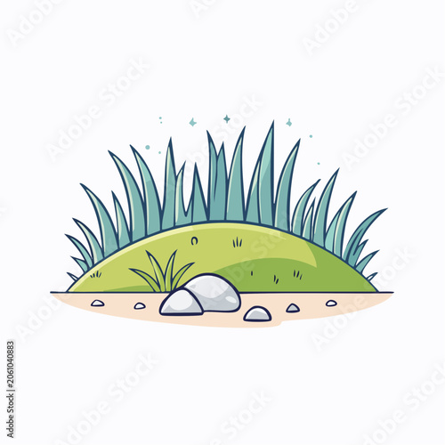 Cartoon illustration of a grassy mound with rocks