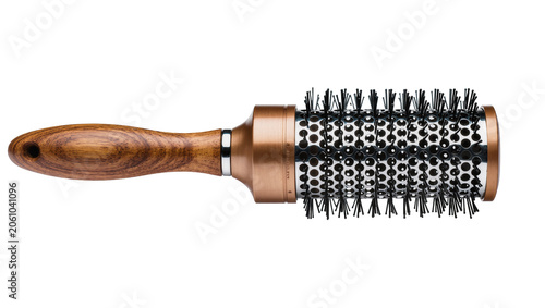 Cuadro en lienzo Wooden handle round hair styling brush with copper barrel