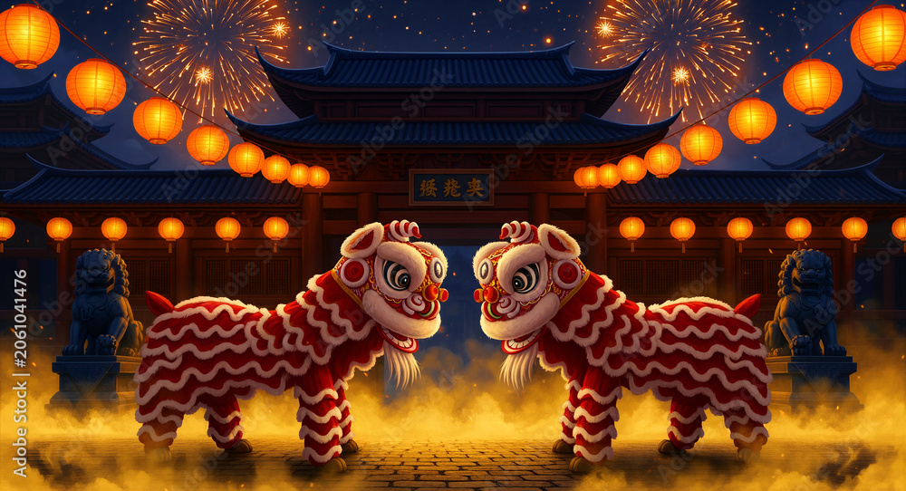 Fototapeta premium Traditional Chinese lion dance performance at a temple gate with glowing lanterns. Fireworks and golden smoke illuminate the festive night scene. Concept for Lunar New Year and Asian culture.