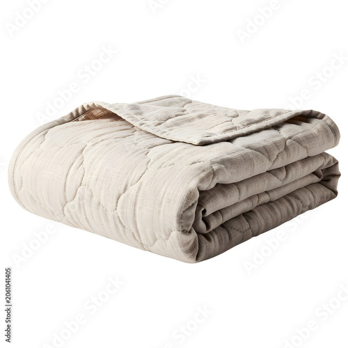 Beige linen quilted bedspread with soft fabric texture isolated on transparent background