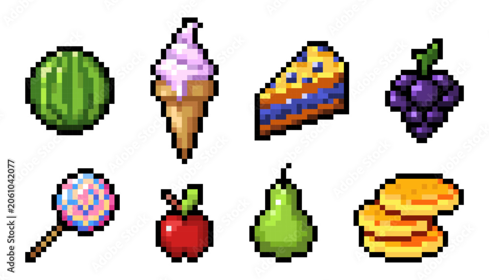 Fototapeta premium Pixel art fruit and sweets icons of apple, pear, grape and watermelon, vector food, dessert pictograms on white background. Cake, ice cream cone and pancakes in vibrant retro 8 bit game style