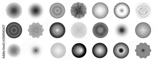 Bilde på lerret Balck concentric circles with ripple effect and radial waves, abstract vector signal icons isolated on white background