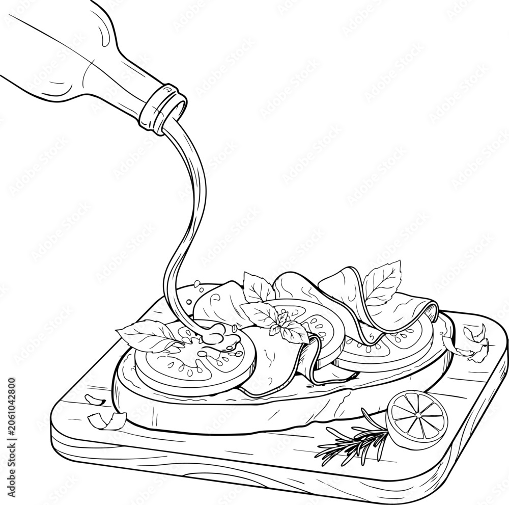 Obraz premium Olive oil drizzling onto bruschetta with tomato and basil on a wooden board during preparation