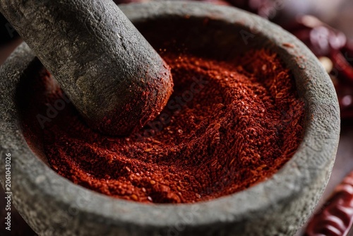 Ancho chili being ground into deep red powder in a stone mortar, macro detail.