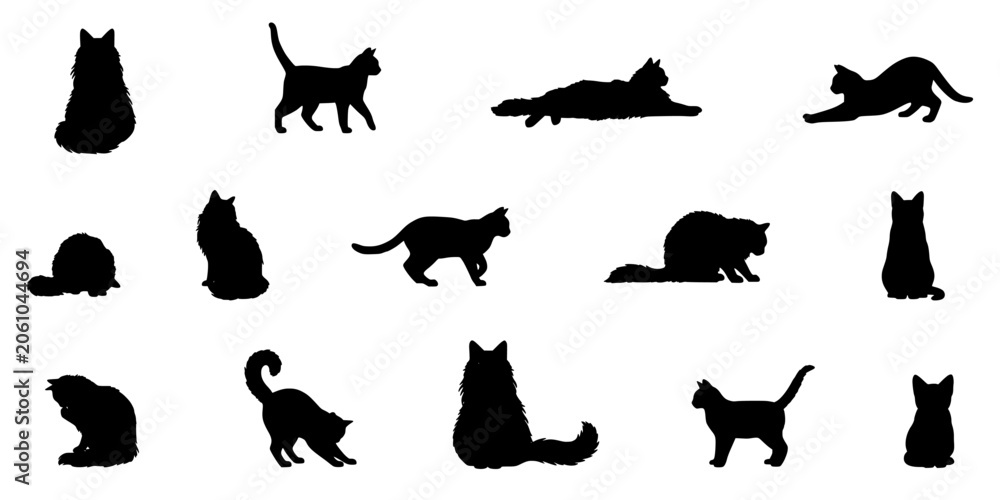 Obraz premium Cat Silhouettes in Various Poses on White Background, Set of 14 Black Cat Shapes for Halloween and Icon Design