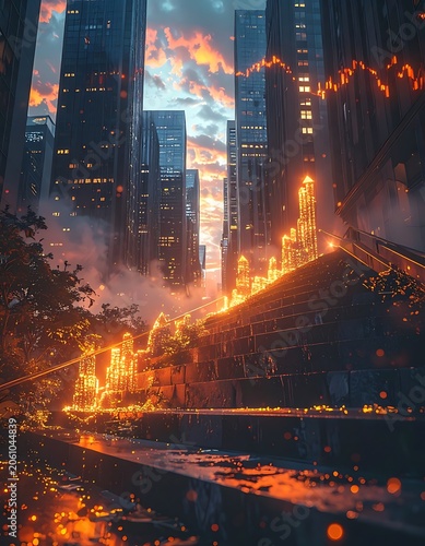 A cityscape with a staircase leading to a burning skyscraper