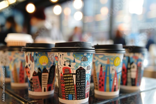 Disposable coffee cups with colorful cityscape design are ready for hot beverages