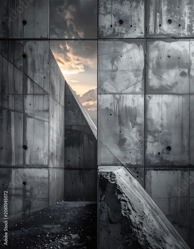 A concrete structure with a staircase leading to a sunset