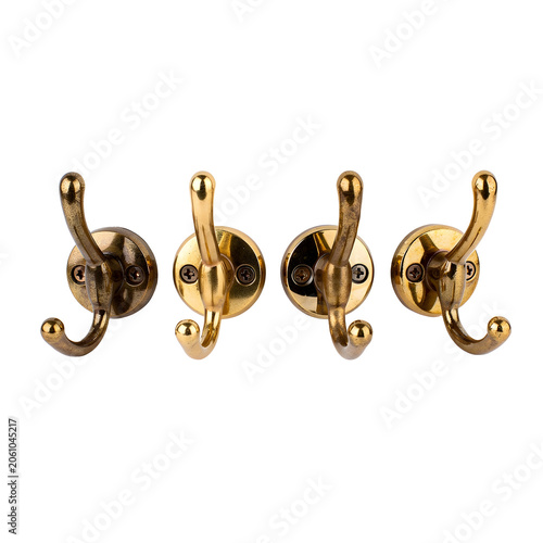 Four shiny brass coat hooks with screws isolated on transparent background