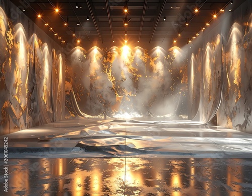 A dimly lit stage with golden hues and dramatic lighting