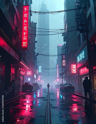 A futuristic city street at dusk with neon signs and rain