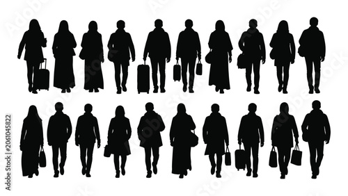Collection of people silhouettes walking with luggage and shopping bags black shapes on a white background silhouette person persons pedestrian