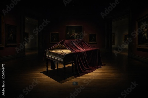 A museum gallery with a single harpsichord covered in velvet under a dramatic spotlight.