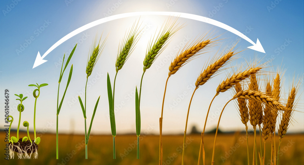 Fototapeta premium Growth stages of a wheat plant from seed sprout to mature golden grain. Diagram showing crop development in a sunny field. Agricultural lifecycle concept for farming marketing and education.