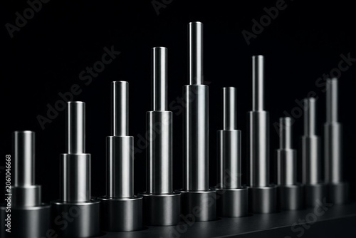 Sleek metallic cylinders in a linear sequence, captured in synchronized vertical motion.
