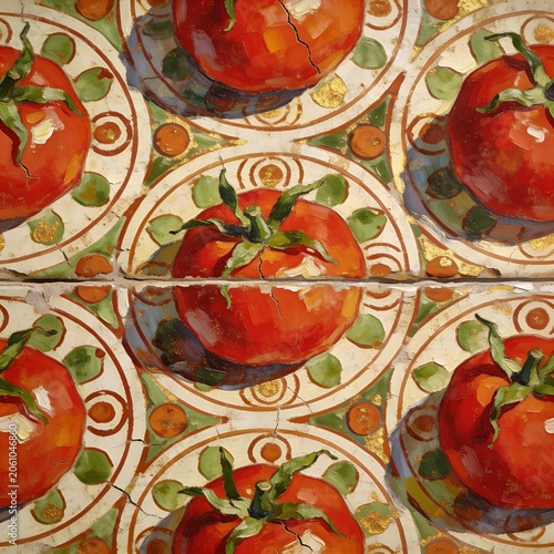 Artistic Seamless Pattern of Ripe Red Tomatoes on Ornate Mediterranean Style Decorative Tiles - Oil Painting Style Kitchen Wallpaper Illustration
