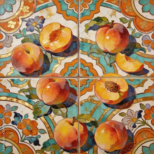 Hand-Painted Mediterranean Style Ceramic Tiles Featuring Ripe Peaches and Ornate Floral Patterns for Rustic Kitchen Decor
