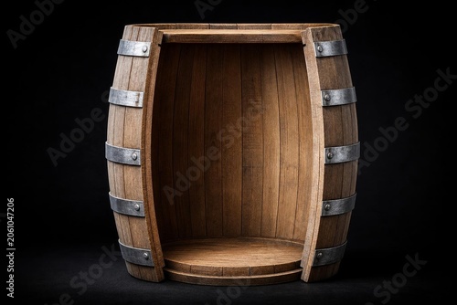Cross-section of a wooden barrel with metal hoops against a dark background.