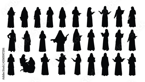 Collection Of Nun Figures In Various Poses Black And White Silhouette nuns religious habit robes cloistered devout spiritual faith vocation