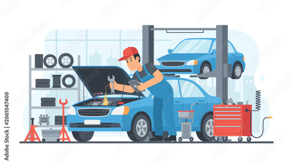 Fototapeta premium Professional Auto Mechanic Performing Routine Maintenance on a Vehicle in a Modern Repair Shop