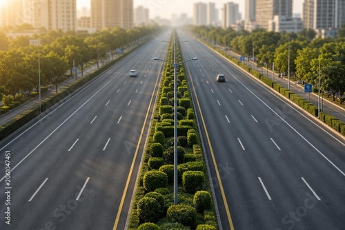 Aerial view of a city highway median with green shrubs and receding streetlights.