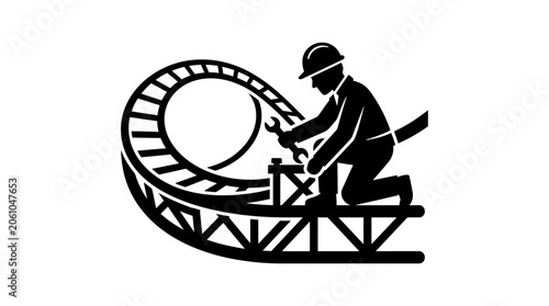 Bild auf Leinwand Construction worker kneeling on a metal scaffold uses a wrench to tighten bolts on a massive roller coaster track structure
