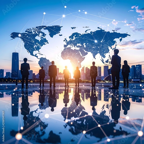 A group of businesspeople stand on a reflective surface overlooking a cityscape at sunset with a world map