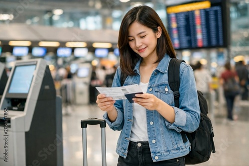 Asian woman passenger with carry on luggage is looking at her boarding pass after self check kiosk in at the airport terminal for international travel flight.
