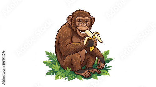 Canvas Print Cute chimpanzee sitting and eating a fresh banana vector illustration