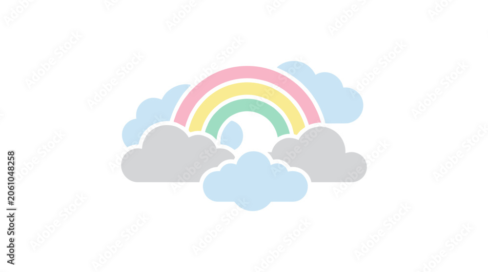 Fototapeta premium Soft Pastel Rainbow Arching Over Fluffy Gray Clouds in a Serene Sky