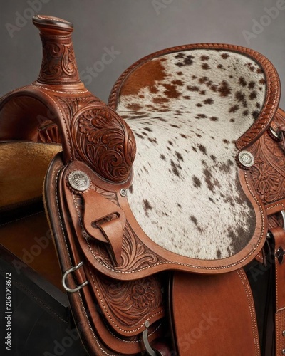 Close-up of a handcrafted leather saddle made from distinctive spotted horse hide.