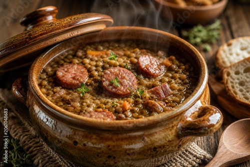 A rustic ceramic pot containing a slow-cooked stew of sausage and lentils.