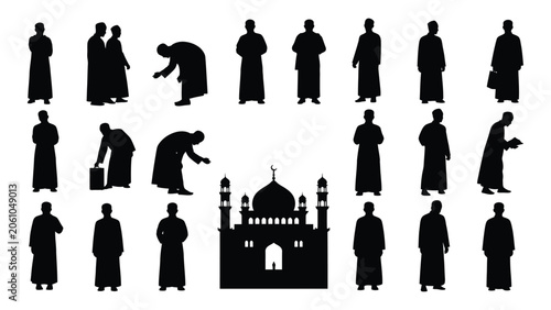 Collection Of Black Silhouette Figures And A Mosque Building On A White Background Silhouette people human man men architecture islam