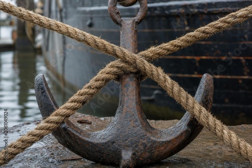 Two thick, weathered hemp ropes crossed, securing a rusted ship's anchor.