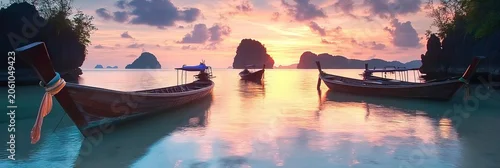 Panel kuchenny z motywem Wooden Island Boats Anchored on Peaceful Waters at Romantic Tropical Sunsets in Beautiful Thailand.