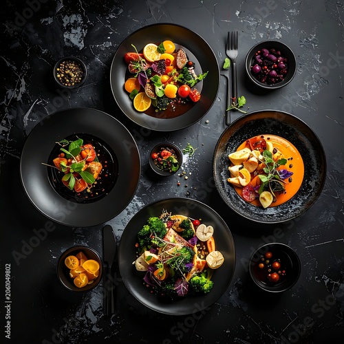 A top-down view of three black plates filled with food