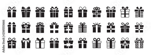 Collection of gift box icons vector silhouette for holiday and celebration design. with ribbons and bows, on a transparent background. Represents holidays, celebrations, and presents.