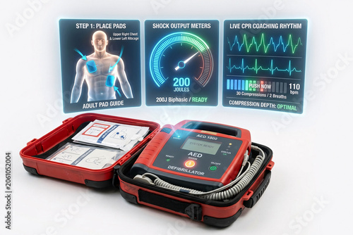 Automated external defibrillator AED case with futuristic holographic instruction interface