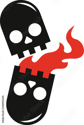 icon of medicine capsule split and emitting fire logo vector illustration