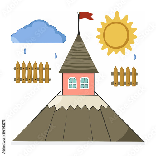 Cartoon house on mountain with sun and cloud