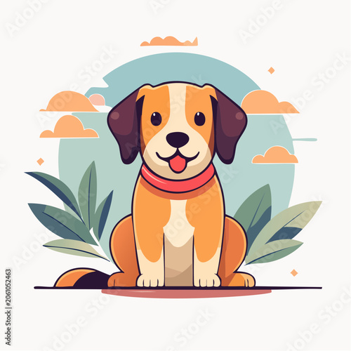 Cute cartoon dog sitting outdoors with plants and clouds