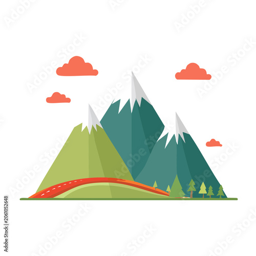 Flat design mountain landscape with road and clouds