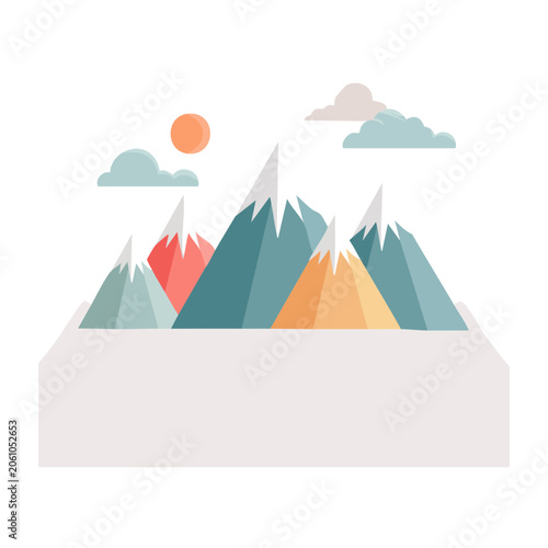 Flat design mountain landscape with sun and clouds