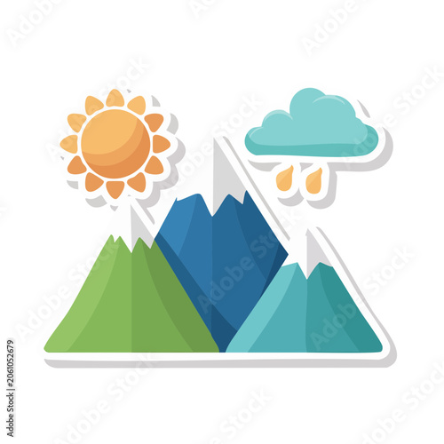 Flat design mountain landscape with sun and rain cloud