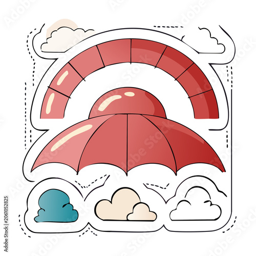 Red umbrella with rainbow and clouds illustration