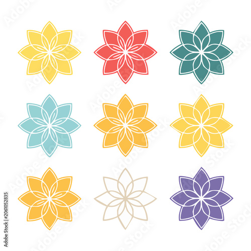 Set of colorful geometric flower ornaments on white background
